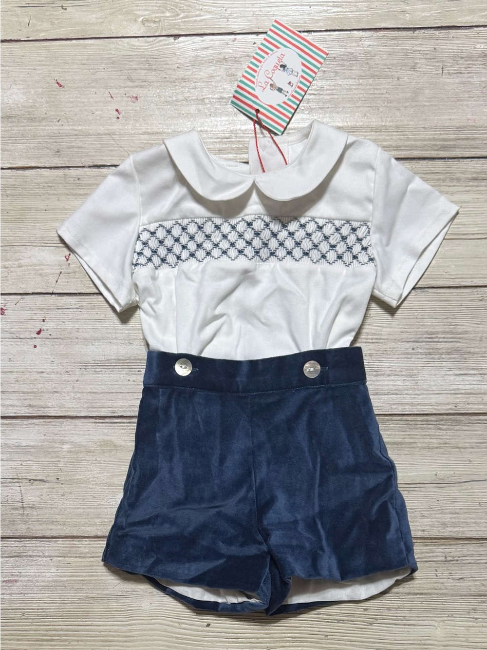 NWT La Coqueta Carlina smocked blue velvet button on set 18m boys Spanish